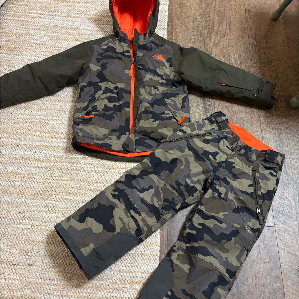 The North Face Orange and Camo Jacket & Snowpants